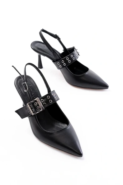 İNF-260 Siyah Günlük Arkası Açık Baret Tokalı Topuklu Bayan Ayakkabı - Resim 3