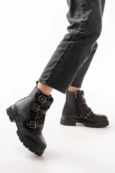 508-3039 Siyah Toka Aksesuarlı Fermuarlı  Günlük Kadın Bot - Resim 3