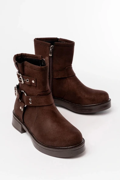 02-2013 Kahverengi Süet Toka Aksesuarlı Fermuarlı Günlük Kadın Bot - Resim 5