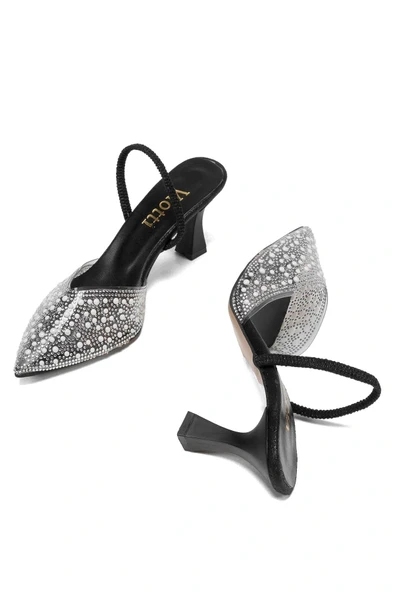 V-1005 Siyah Günlük Arkası Açık Taşlı Topuklu Bayan Ayakkabı - Resim 4