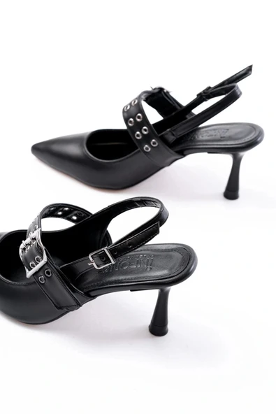 İNF-260 Siyah Günlük Arkası Açık Baret Tokalı Topuklu Bayan Ayakkabı - Resim 5