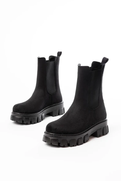 FZ-299 Siyah Süet Yüksek Tabanlı Lastikli Günlük Kadın Bot - Resim 2