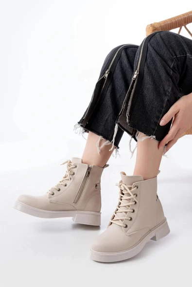 02-2003 Bej Galata Bağcıklı Fermuarlı Günlük Kadın Bot - Resim 2