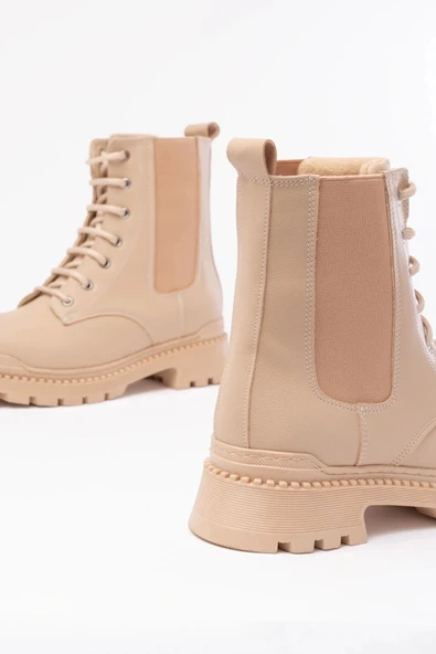 2051-298 Bej Düz Topuklu Bağcıklı Lastikli Günlük Kadın Bot - Resim 4