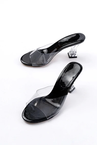 S-619 Siyah Rugan Şeffaf Bantlı Şeffaf Topuklu Yuvarlak Burunlu Kadın Terlik - Resim 3