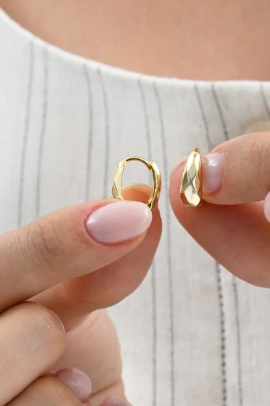 925 ayar Gümüş altın yaldızlı desenli italyan modeli U halka küpe SGTL13071GOLD - Resim 2