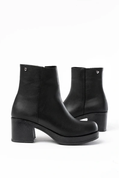 5109-3022 Siyah Fermuarlı Kalın Topuklu Günlük Kadın Bot - Resim 3