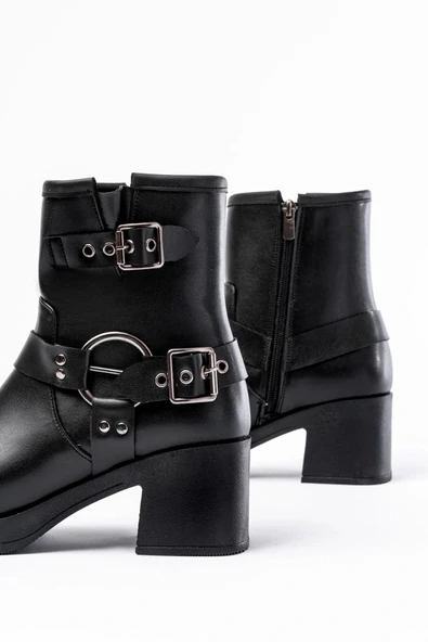 5109-3028 Siyah Toka Aksesuarlı Fermuarlı Topuklu Günlük Kadın Bot - Resim 5
