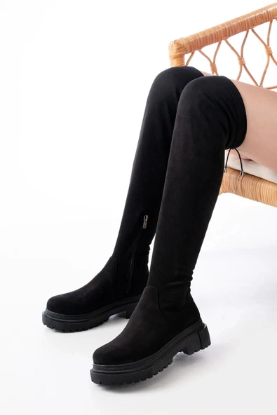812-2194 Siyah Süet Fermuarlı Diz Üstü Bağcıklı Çorap Günlük Kadın Çizme ürün görseli 1