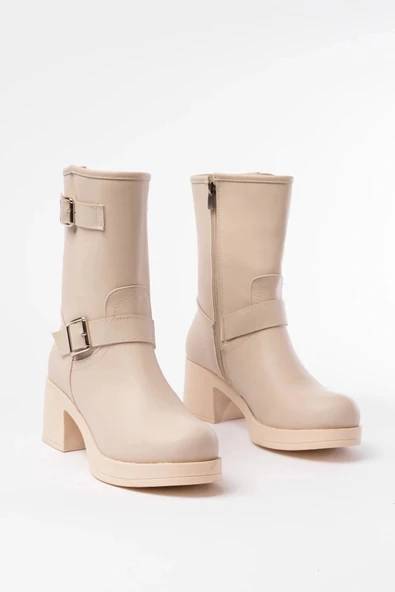 5109-3043 Bej Toka Aksesuarlı Fermuarlı Kalın Topuklu Günlük Kadın Bot - Resim 5
