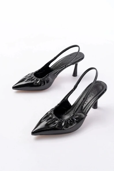 İNF-40451 Siyah Kırışık Rugan Günlük Arkası Açık Topuklu Bayan Ayakkabı - Resim 3