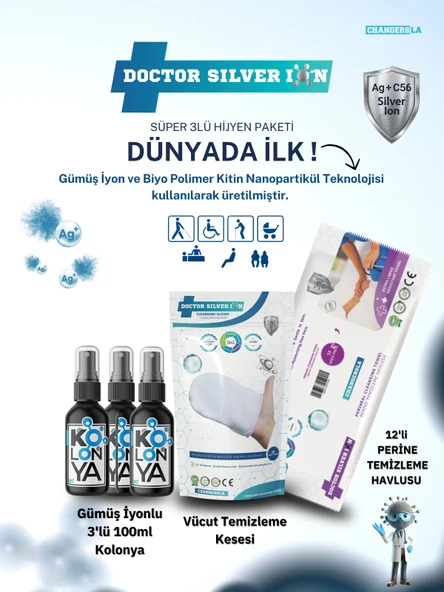 Gümüş İyonlu 3'lü 100 ml Kolonya  Vücut Temizleme Kesesi ve 12'li Perine Islak Mendili Temizlik Seti ürün görseli