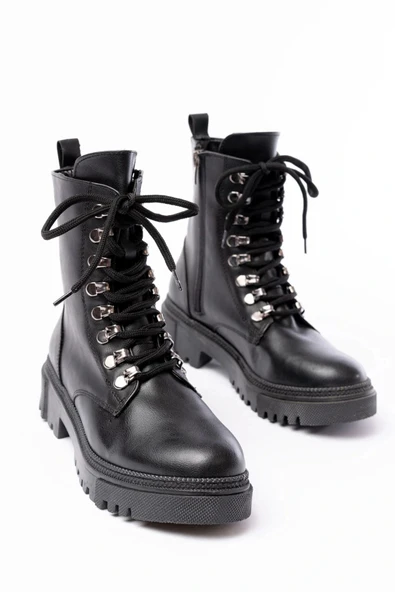 812-2121 Siyah Cilt Bağcıklı Fermuarlı Günlük Kadın Bot - Resim 4