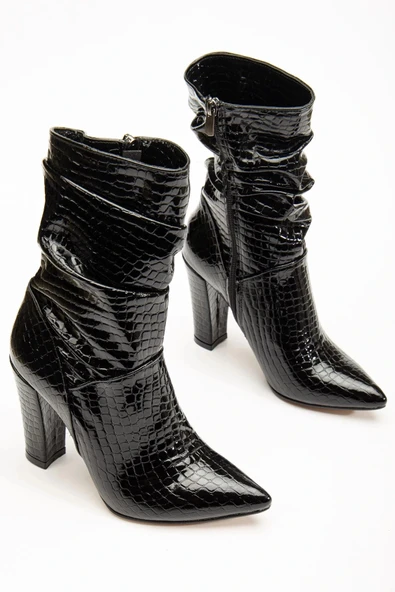 VRT-4815 Siyah Kroko Yüksek Kalın Topuklu Körüklü Fermuarlı Kadın Bot - Resim 5