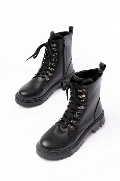 812-2121 Siyah Cilt Bağcıklı Fermuarlı Günlük Kadın Bot - Resim 5