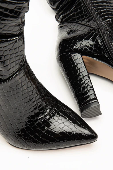 VRT-4815 Siyah Kroko Yüksek Kalın Topuklu Körüklü Fermuarlı Kadın Bot - Resim 4