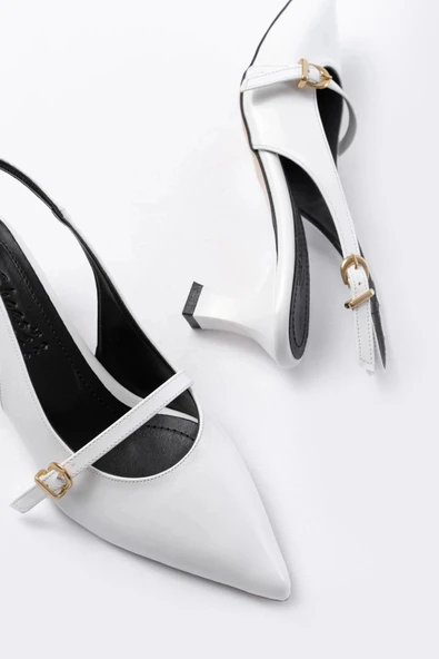 H-470 Beyaz Rugan Baret Tokalı Arkası Açık Günlük Kadın Sandalet - Resim 5