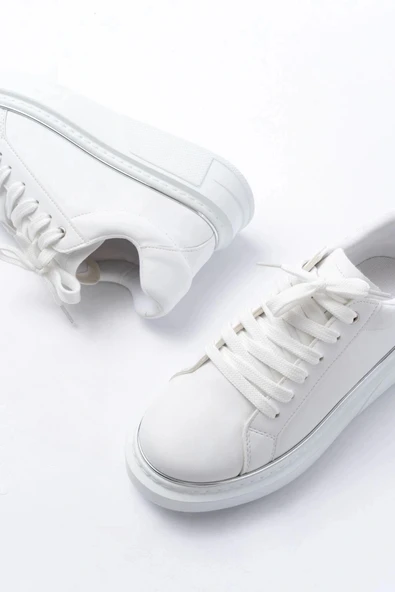 RS-2435 Beyaz Gümüş Bağcıklı Dikişli Günlük Spor Ayakkabı - Resim 4