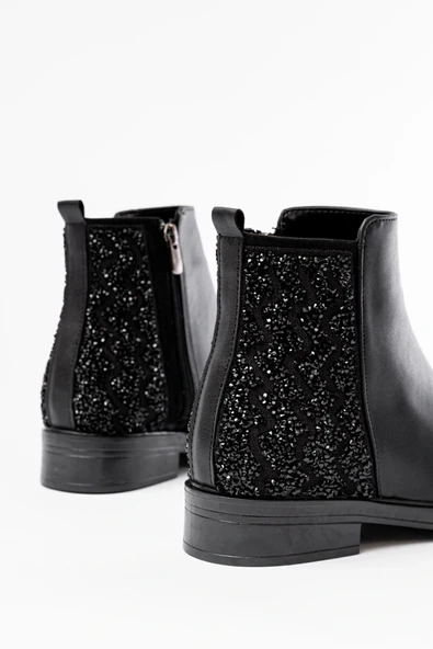 165-212 Siyah Taş Aksesuarlı Fermuarlı Günlük Kadın Bot - Resim 5