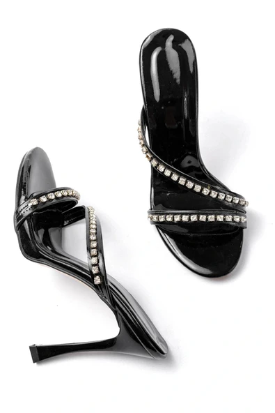 A-60 Kadın Siyah Gümüş Taşlı Platformlu Topuklu Terlik - Resim 4