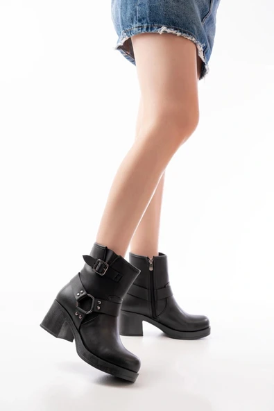 5109-3042 Siyah Toka Aksesuarlı Fermuarlı Kalın Topuklu Günlük Kadın Bot - Resim 3