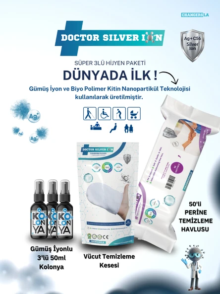 Gümüş İyonlu 3'lü 50ml Kolonya, Vücut Temizleme Kesesi ve 50'li Perine Islak Mendili Temizlik Seti ürün görseli