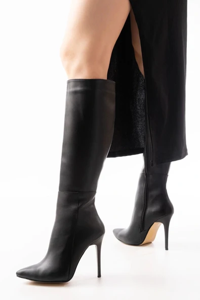 LS-226 Siyah Fermuarlı Lastikli İnce Yüksek Topuklu Kadın Çizme ürün görseli 1