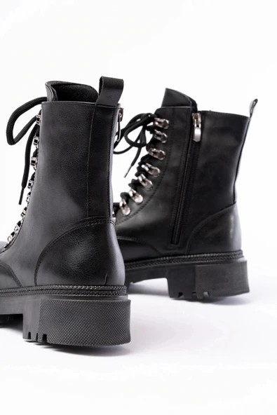 812-2121 Siyah Cilt Bağcıklı Fermuarlı Günlük Kadın Bot - Resim 3