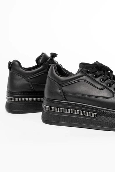 FLN-1999 Siyah Bağcıklı Taban Taş Aksesuarlı Günlük Spor Ayakkabı - Resim 5