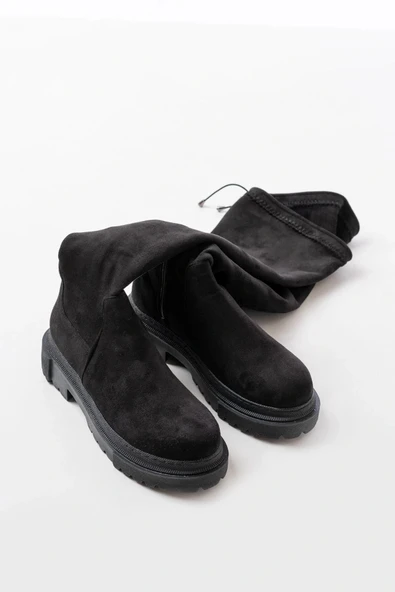 812-2194 Siyah Süet Fermuarlı Diz Üstü Bağcıklı Çorap Günlük Kadın Çizme - Resim 5