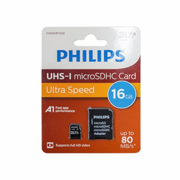 PHILIPS FM16MP45B/00 16GB CLASS10 UHS-I U1 ADAPTÖRLÜ MICRO SDHC HAFIZA KARTI ürün görseli