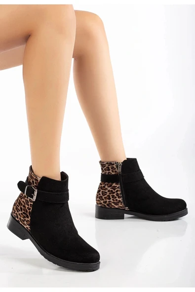165-204/1 Siyah Süete Leopar Toka Aksesuarlı Fermuarlı Günlük Kadın Bot ürün görseli 1