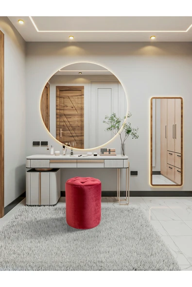 Framgan Framgan Makyaj Masası Pufu - Chester Bordo Puf - Dekoratif - Ayak Uzatma Pufu - Yuvarlak Puf ürün görseli 1