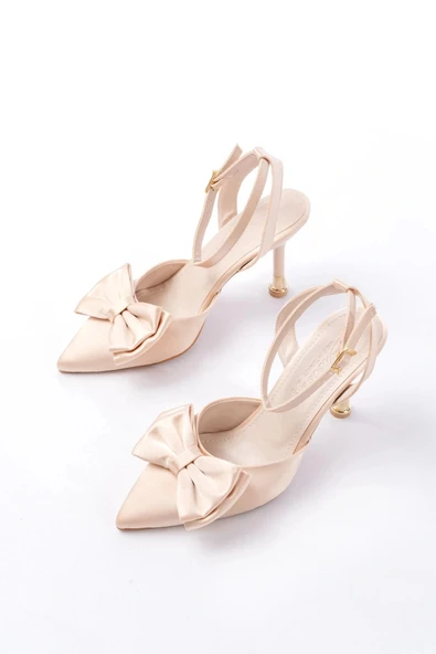 İNF-4505 Bej Saten Günlük Arkası Açık Kurdele detaylı Topuklu Bayan Ayakkabı - Resim 3