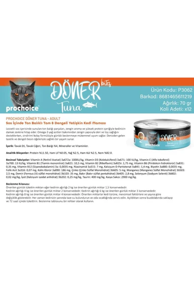 ProChoice DÖNER Bites Adult Sos İçerisinde Ton Balıklı Kedi Yaş Maması 70 Gr - Resim 3