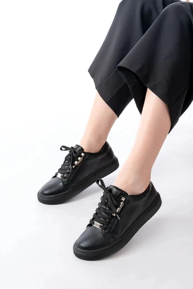 P-910 Siyah Bağcıklı Taban Dikişli Günlük Kadın Spor - Resim 2