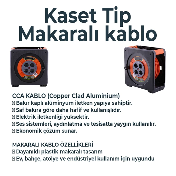 Makaralı CCA Uzatma Kablosu 50 Metre 3x1.5 mm 4 Prizli Termal Sigortalı Plastik Seyyar Kaset Tipi - Resim 3