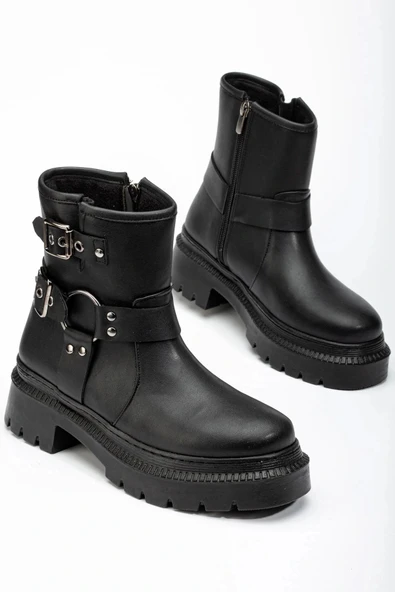 236-2013 Siyah Toka Aksesuarlı Fermuarlı Günlük Kadın Bot - Resim 2