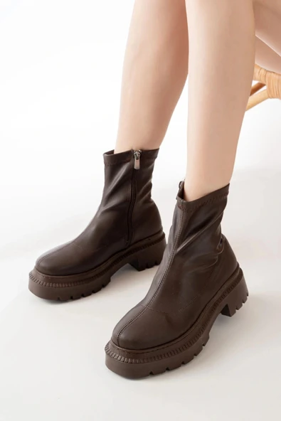 236-2011 Kahve Streç Fermuarlı Günlük Kadın Bot - Resim 3