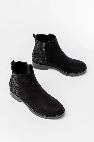 165-212 Siyah Süet Taş Aksesuarlı Fermuarlı Günlük Kadın Bot - Resim 3