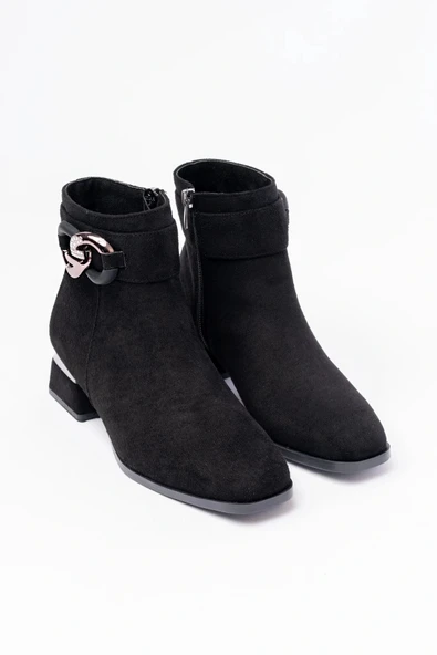 RM-504 Siyah Süet Toka Aksesuarlı Topuklu Fermuarlı Günlük Kadın Bot - Resim 5