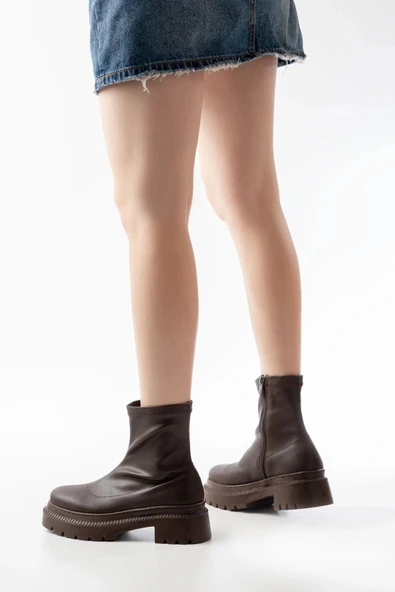 236-2011 Kahve Streç Fermuarlı Günlük Kadın Bot - Resim 2