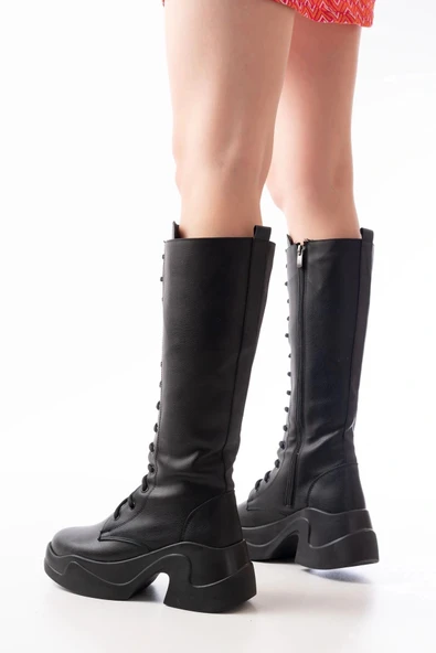 FZ-2450 Siyah Yüksek Tabanlı Bağcıklı Fermuarlı Günlük Kadın Çizme - Resim 5