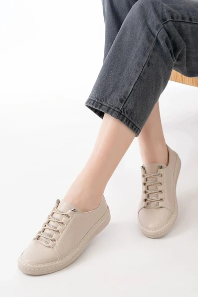 MK-9026 Bej Bağcıklı  Taş Aksesuarlı Günlük Spor Ayakkabı - Resim 4