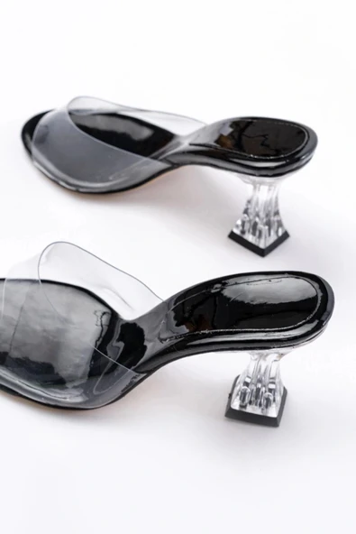 S-619 Siyah Rugan Şeffaf Bantlı Şeffaf Topuklu Yuvarlak Burunlu Kadın Terlik - Resim 5