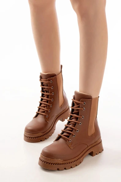 2051-298 Taba Düz Topuklu Bağcıklı Lastikli Günlük Kadın Bot - Resim 2