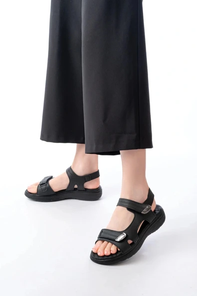 DM-363  Siyah Baret Cırtlı Dikişli Günlük Kadın Sandalet - Resim 2