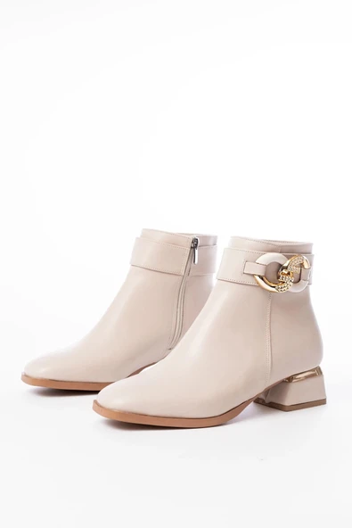 RM-504 Bej Toka Aksesuarlı Topuklu Fermuarlı Günlük Kadın Bot - Resim 5