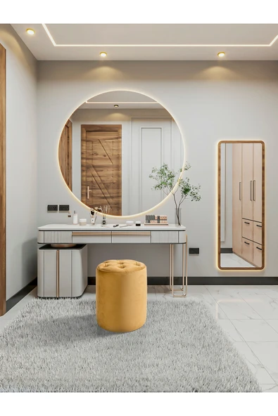 Framgan Framgan Makyaj Masası Pufu Chester Hardal Dekoratif  Ayak Uzatma Pufu  Yuvarlak ürün görseli 1