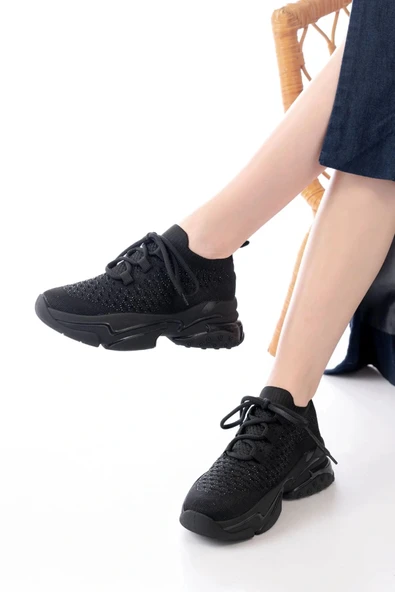 SP-2024 Siyah Günlük Bağcıklı Fileli Taş Aksesuarlı Kadın Spor Ayakkabı - Resim 2